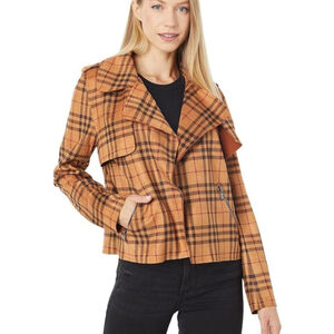 KUT from the Kloth Jacee Draped Moto Jacket mustard rust plaid faux suede